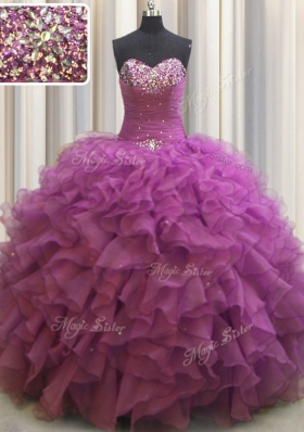 Beaded Bust Floor Length Ball Gowns Sleeveless Fuchsia Sweet 16 Dress Lace Up