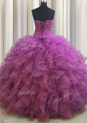 Beaded Bust Floor Length Ball Gowns Sleeveless Fuchsia Sweet 16 Dress Lace Up