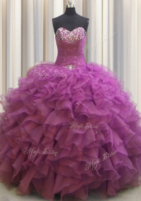 Beaded Bust Floor Length Ball Gowns Sleeveless Fuchsia Sweet 16 Dress Lace Up