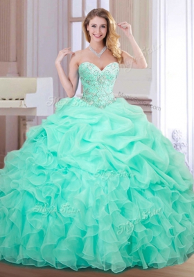 Beading and Ruffles and Pick Ups Quinceanera Dresses Apple Green Lace Up Sleeveless Floor Length