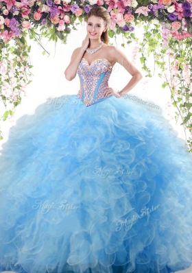 Best Selling Baby Blue Sleeveless Tulle Lace Up Quince Ball Gowns for Military Ball and Sweet 16 and Quinceanera