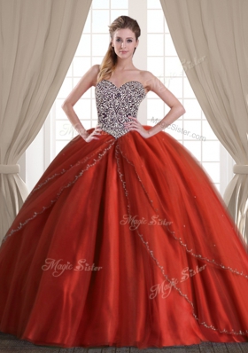 Best Selling Brush Train Ball Gowns Sweet 16 Dress Rust Red Sweetheart Tulle Sleeveless With Train Lace Up