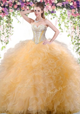 Best Selling Gold Lace Up Sweetheart Beading and Ruffles Quinceanera Gown Tulle Sleeveless