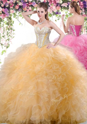 Best Selling Gold Lace Up Sweetheart Beading and Ruffles Quinceanera Gown Tulle Sleeveless
