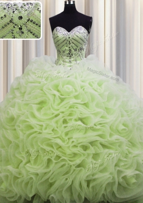 Brush Train Sleeveless Fabric With Rolling Flowers Floor Length Lace Up Quinceanera Gown in Yellow Green for with Beading and Pick Ups