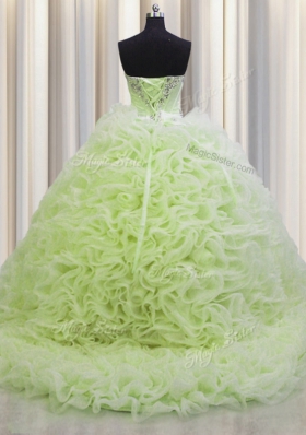 Brush Train Sleeveless Fabric With Rolling Flowers Floor Length Lace Up Quinceanera Gown in Yellow Green for with Beading and Pick Ups