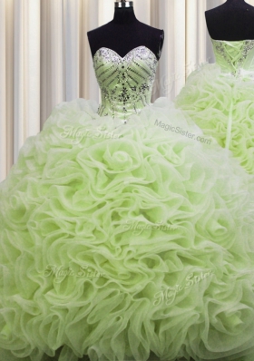 Brush Train Sleeveless Fabric With Rolling Flowers Floor Length Lace Up Quinceanera Gown in Yellow Green for with Beading and Pick Ups