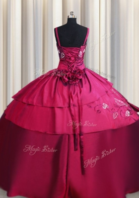 Burgundy Straps Lace Up Embroidery and Hand Made Flower Quince Ball Gowns Sleeveless