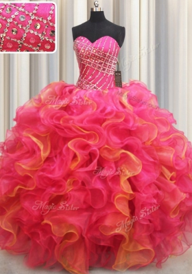 Captivating Sweetheart Sleeveless Quinceanera Gown Floor Length Beading and Ruffles Multi-color Organza