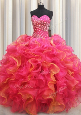 Captivating Sweetheart Sleeveless Quinceanera Gown Floor Length Beading and Ruffles Multi-color Organza