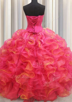 Captivating Sweetheart Sleeveless Quinceanera Gown Floor Length Beading and Ruffles Multi-color Organza