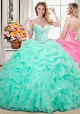 Colorful Three Piece Apple Green Organza Lace Up Sweetheart Sleeveless Floor Length Sweet 16 Quinceanera Dress Beading and Ruffles and Pick Ups