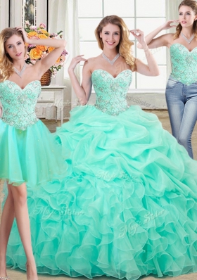 Colorful Three Piece Apple Green Organza Lace Up Sweetheart Sleeveless Floor Length Sweet 16 Quinceanera Dress Beading and Ruffles and Pick Ups