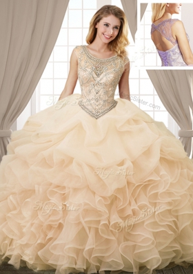 Custom Designed Scoop Champagne Organza Lace Up Sweet 16 Dresses Sleeveless Floor Length Beading and Ruffles and Pick Ups