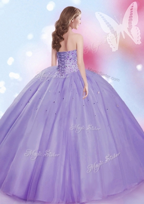 Customized Lavender Ball Gowns Beading Vestidos de Quinceanera Lace Up Tulle Sleeveless Floor Length