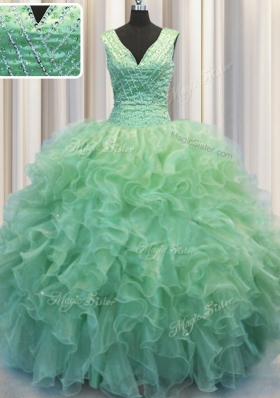 Edgy Zipper Up Green Organza Zipper V-neck Sleeveless Floor Length Quinceanera Gowns Beading and Ruffles