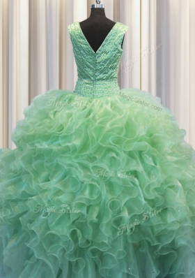 Edgy Zipper Up Green Organza Zipper V-neck Sleeveless Floor Length Quinceanera Gowns Beading and Ruffles