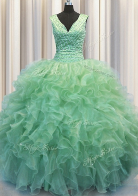 Edgy Zipper Up Green Organza Zipper V-neck Sleeveless Floor Length Quinceanera Gowns Beading and Ruffles