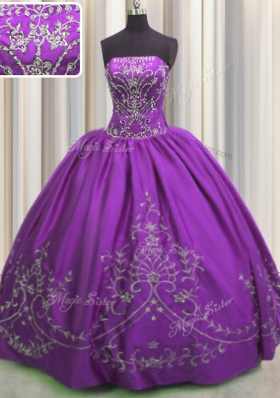 Eggplant Purple Ball Gowns Embroidery Vestidos de Quinceanera Lace Up Taffeta Sleeveless Floor Length