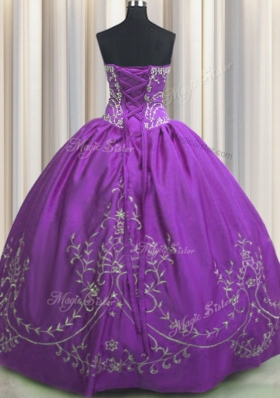 Eggplant Purple Ball Gowns Embroidery Vestidos de Quinceanera Lace Up Taffeta Sleeveless Floor Length