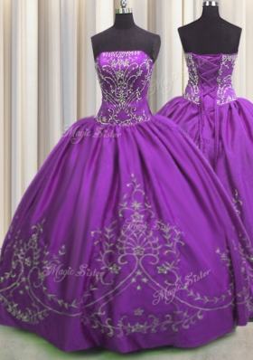 Eggplant Purple Ball Gowns Embroidery Vestidos de Quinceanera Lace Up Taffeta Sleeveless Floor Length