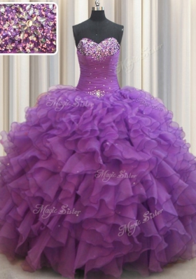 Eggplant Purple Lace Up Sweetheart Beading and Ruffles Sweet 16 Dress Organza Sleeveless