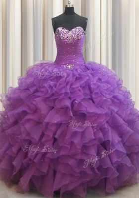 Eggplant Purple Lace Up Sweetheart Beading and Ruffles Sweet 16 Dress Organza Sleeveless