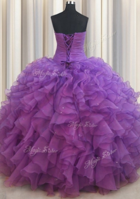 Eggplant Purple Lace Up Sweetheart Beading and Ruffles Sweet 16 Dress Organza Sleeveless