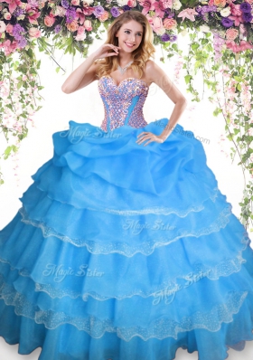 Elegant Beading and Ruffled Layers and Pick Ups 15th Birthday Dress Baby Blue Lace Up Sleeveless Floor Length