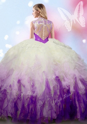 Elegant Tulle High-neck Sleeveless Zipper Beading and Ruffles 15th Birthday Dress in White And Purple