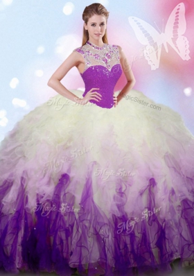 Elegant Tulle High-neck Sleeveless Zipper Beading and Ruffles 15th Birthday Dress in White And Purple