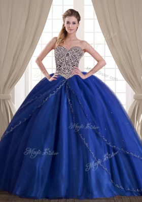 Excellent Three Piece Royal Blue Ball Gowns Beading Sweet 16 Dresses Lace Up Tulle Sleeveless Floor Length