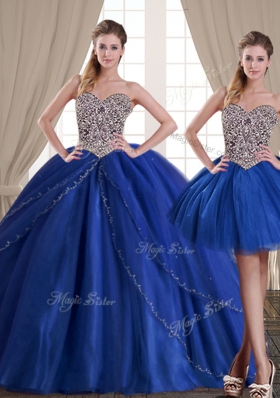 Excellent Three Piece Royal Blue Ball Gowns Beading Sweet 16 Dresses Lace Up Tulle Sleeveless Floor Length