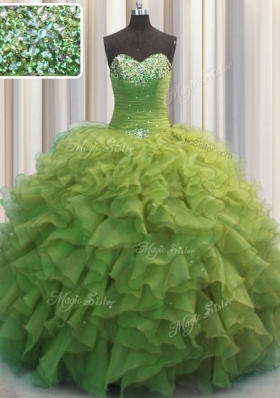 Exceptional Beaded Bust Olive Green Sleeveless Beading and Ruffles Floor Length Vestidos de Quinceanera