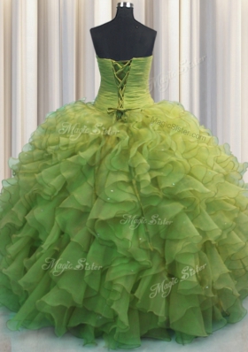 Exceptional Beaded Bust Olive Green Sleeveless Beading and Ruffles Floor Length Vestidos de Quinceanera