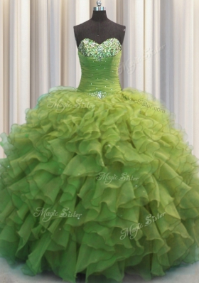 Exceptional Beaded Bust Olive Green Sleeveless Beading and Ruffles Floor Length Vestidos de Quinceanera