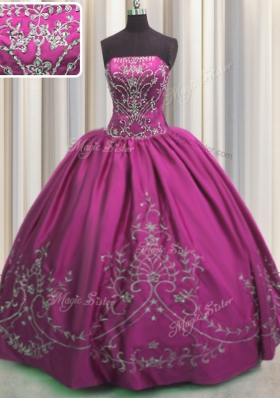 Fashion Taffeta Strapless Sleeveless Lace Up Beading and Embroidery Quince Ball Gowns in Fuchsia