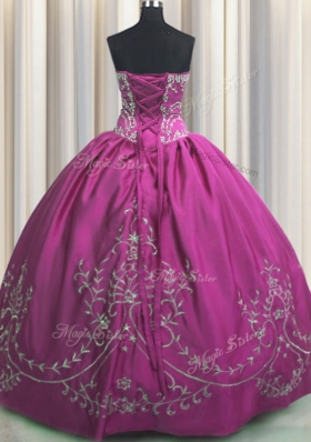 Fashion Taffeta Strapless Sleeveless Lace Up Beading and Embroidery Quince Ball Gowns in Fuchsia