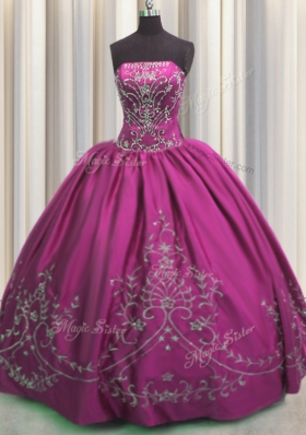 Fashion Taffeta Strapless Sleeveless Lace Up Beading and Embroidery Quince Ball Gowns in Fuchsia