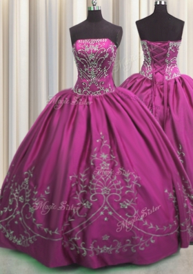 Fashion Taffeta Strapless Sleeveless Lace Up Beading and Embroidery Quince Ball Gowns in Fuchsia