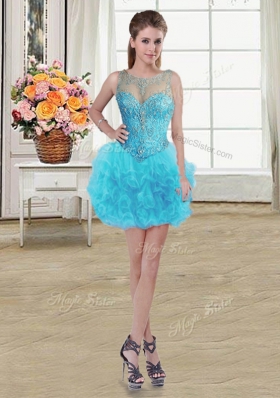 Fashion Three Piece Baby Blue Ball Gowns Scoop Sleeveless Tulle Floor Length Lace Up Beading and Ruffles Sweet 16 Dresses