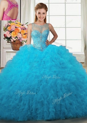 Fashion Three Piece Baby Blue Ball Gowns Scoop Sleeveless Tulle Floor Length Lace Up Beading and Ruffles Sweet 16 Dresses