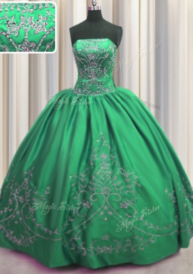 Fashionable Green Ball Gowns Beading and Embroidery 15th Birthday Dress Lace Up Taffeta Sleeveless Floor Length