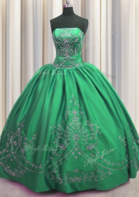 Fashionable Green Ball Gowns Beading and Embroidery 15th Birthday Dress Lace Up Taffeta Sleeveless Floor Length