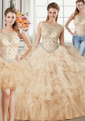 Flare Three Piece Floor Length Champagne 15th Birthday Dress Scoop Sleeveless Lace Up