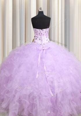 Flare Visible Boning Lavender Sweetheart Lace Up Beading and Appliques and Ruffles Sweet 16 Quinceanera Dress Sleeveless