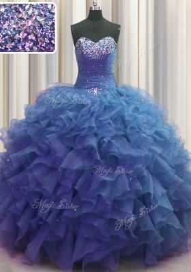 Free and Easy Beaded Bust Blue Sweetheart Lace Up Beading and Ruffles Quinceanera Gowns Sleeveless