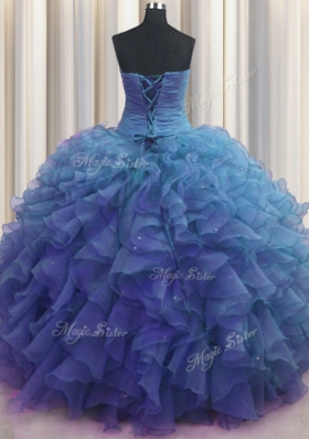 Free and Easy Beaded Bust Blue Sweetheart Lace Up Beading and Ruffles Quinceanera Gowns Sleeveless