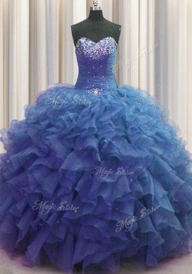 Free and Easy Beaded Bust Blue Sweetheart Lace Up Beading and Ruffles Quinceanera Gowns Sleeveless