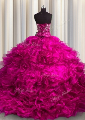 Fuchsia Sleeveless Organza Brush Train Lace Up Sweet 16 Quinceanera Dress for Military Ball and Sweet 16 and Quinceanera